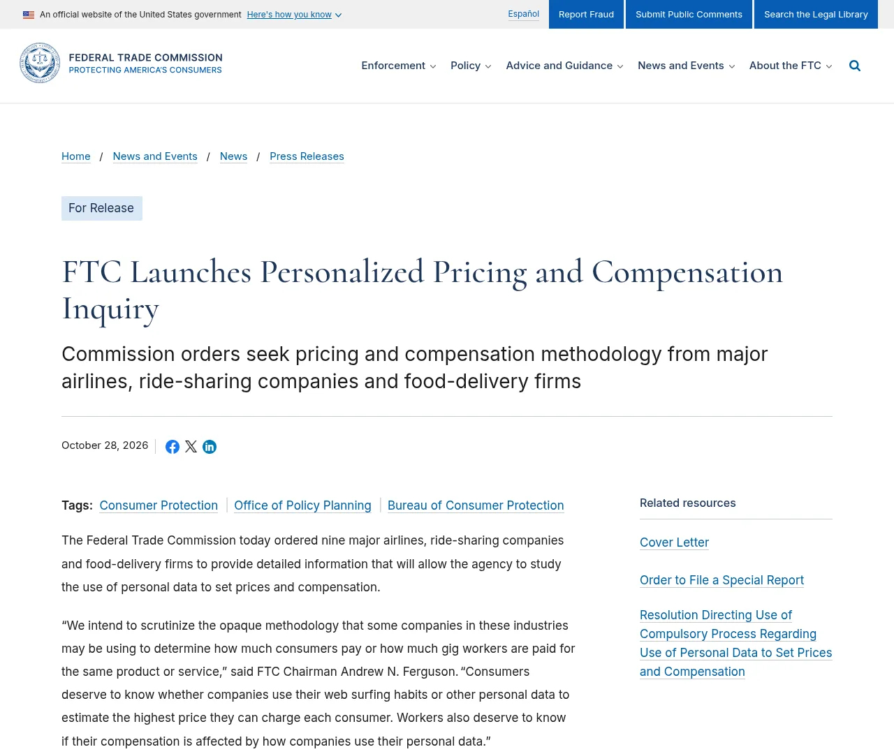 The FTC's October 28, 2026 release: FTC Launches Personalized Pricing and Compensation Inquiry, with orders to nine airlines, ride-sharing companies and food-delivery firms