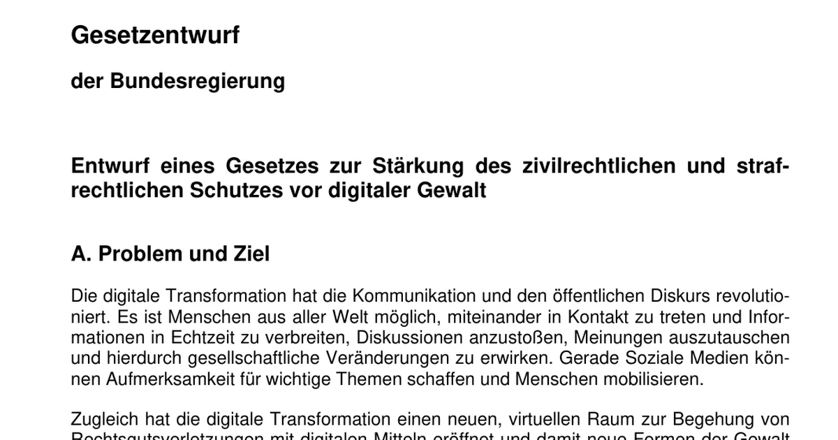 The first page of the German government draft bill titled Entwurf eines Gesetzes zur Stärkung des zivilrechtlichen und strafrechtlichen Schutzes vor digitaler Gewalt, representing the cabinet decision