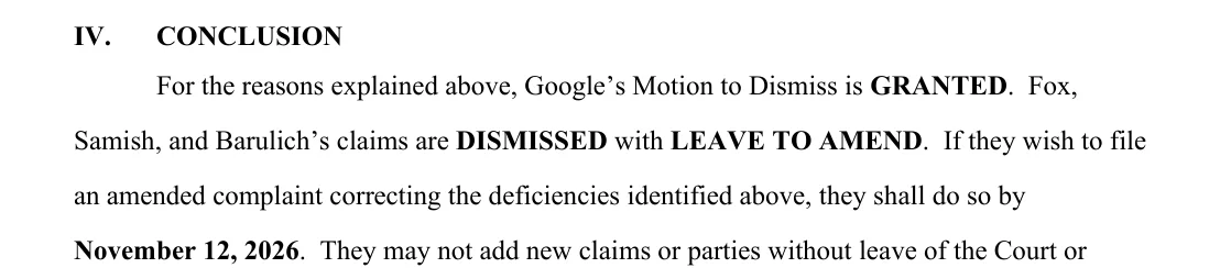 Page 8 of the order: Google's motion to dismiss granted, claims dismissed with leave to amend, and an amended complaint due by November 12, 2026