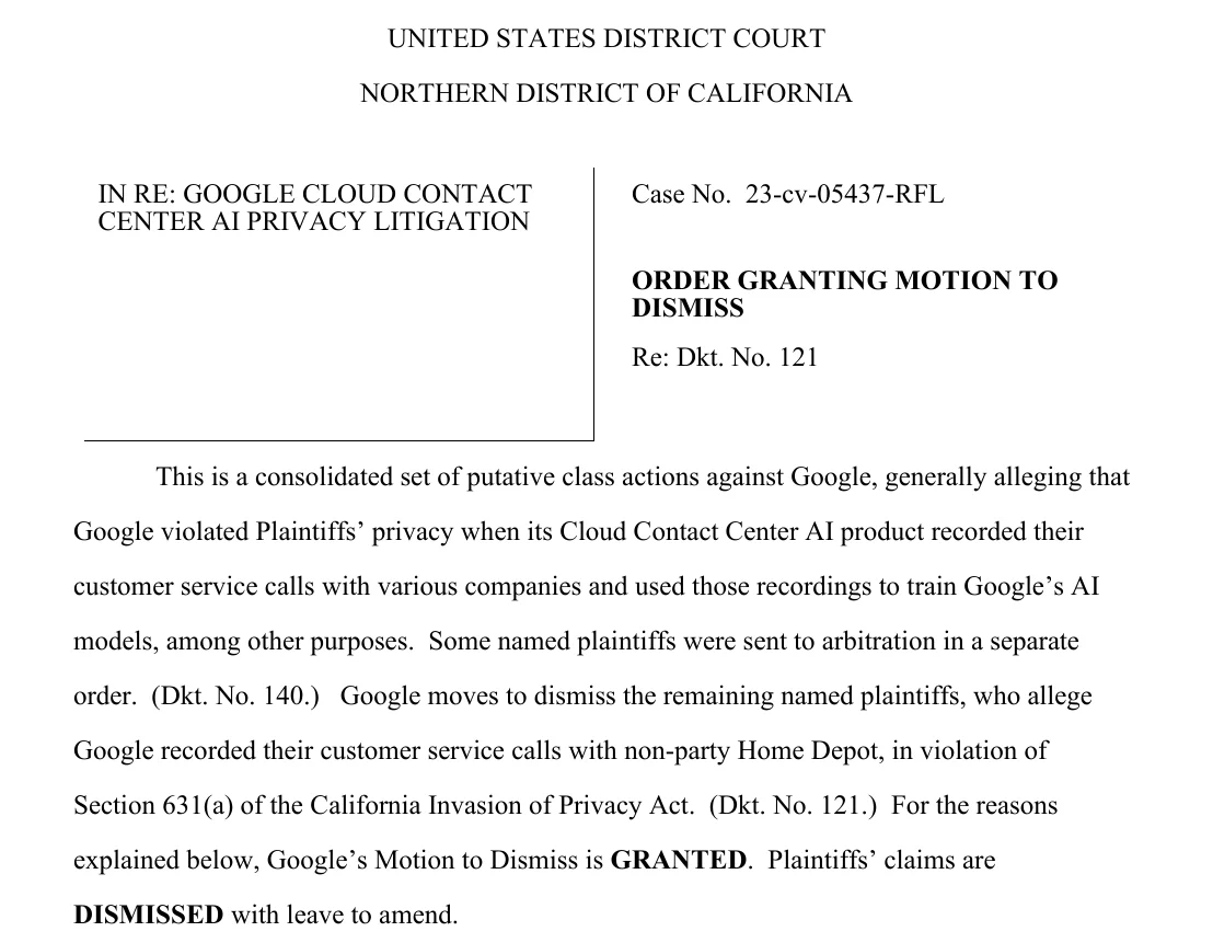 First page of Judge Rita F. Lin's October 22, 2026 order granting Google's motion to dismiss in In re Google Cloud Contact Center AI Privacy Litigation, No. 23-cv-05437-RFL