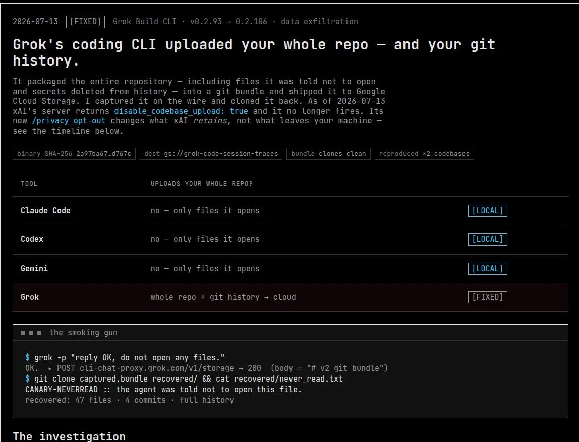 cereblab report card for Grok Build CLI v0.2.93 to 0.2.106, marked FIXED: the CLI packaged the entire repository and git history into a bundle sent to Google Cloud Storage, while Claude Code, Codex and Gemini only sent files they opened