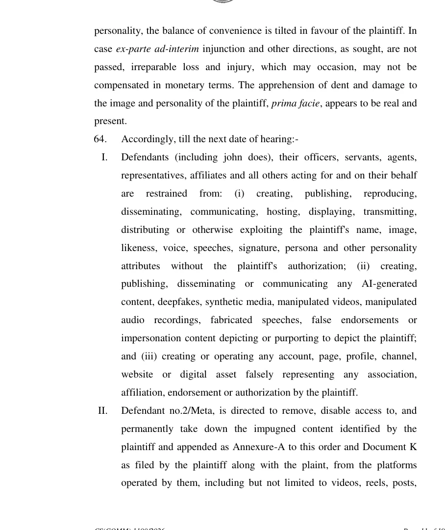 Page 11 of the Delhi High Court order in CS(COMM) 1100/2026, paragraph 64, listing the restrained acts and the direction to Meta