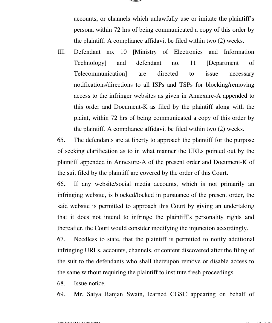 Page 12 of the order showing paragraphs 64 III to 67, including blocking by ISPs and the right to notify additional URLs without fresh proceedings