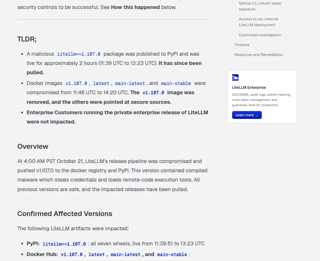LiteLLM's incident post: the malicious 1.107.0 package was live on PyPI for about two hours and four Docker tags were compromised