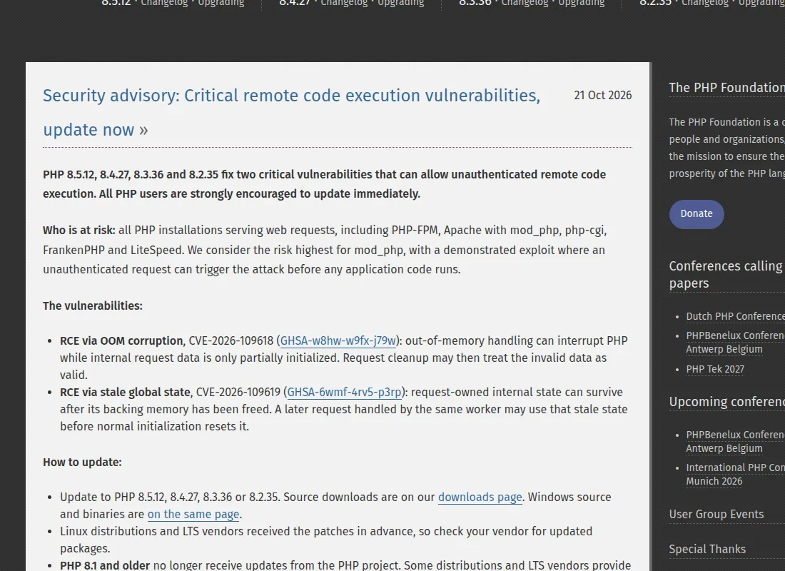 php.net security advisory of October 21, 2026: PHP 8.5.12, 8.4.27, 8.3.36 and 8.2.35 fix two critical remote code execution vulnerabilities