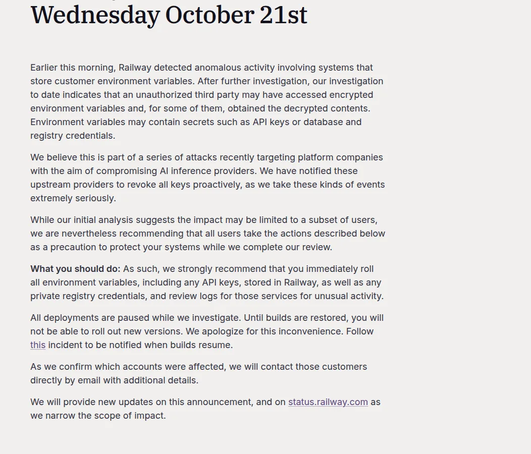 Railway's October 21 security disclosure, recommending that users roll all environment variables and private registry credentials