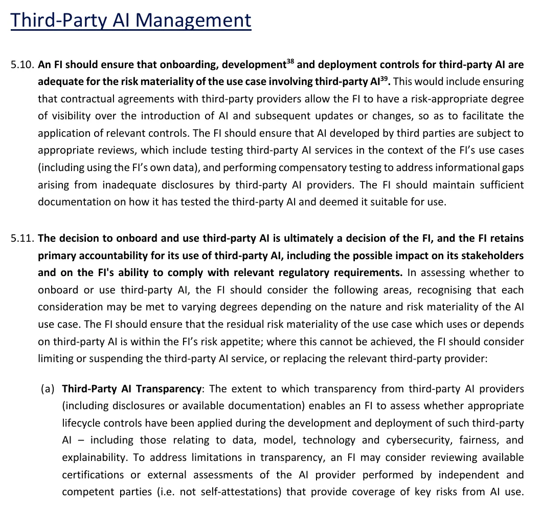 Paragraphs 5.10 and 5.11(a) of the MAS Guidelines, covering onboarding controls, contract visibility, testing with the institution's own data and the not self-attestations line
