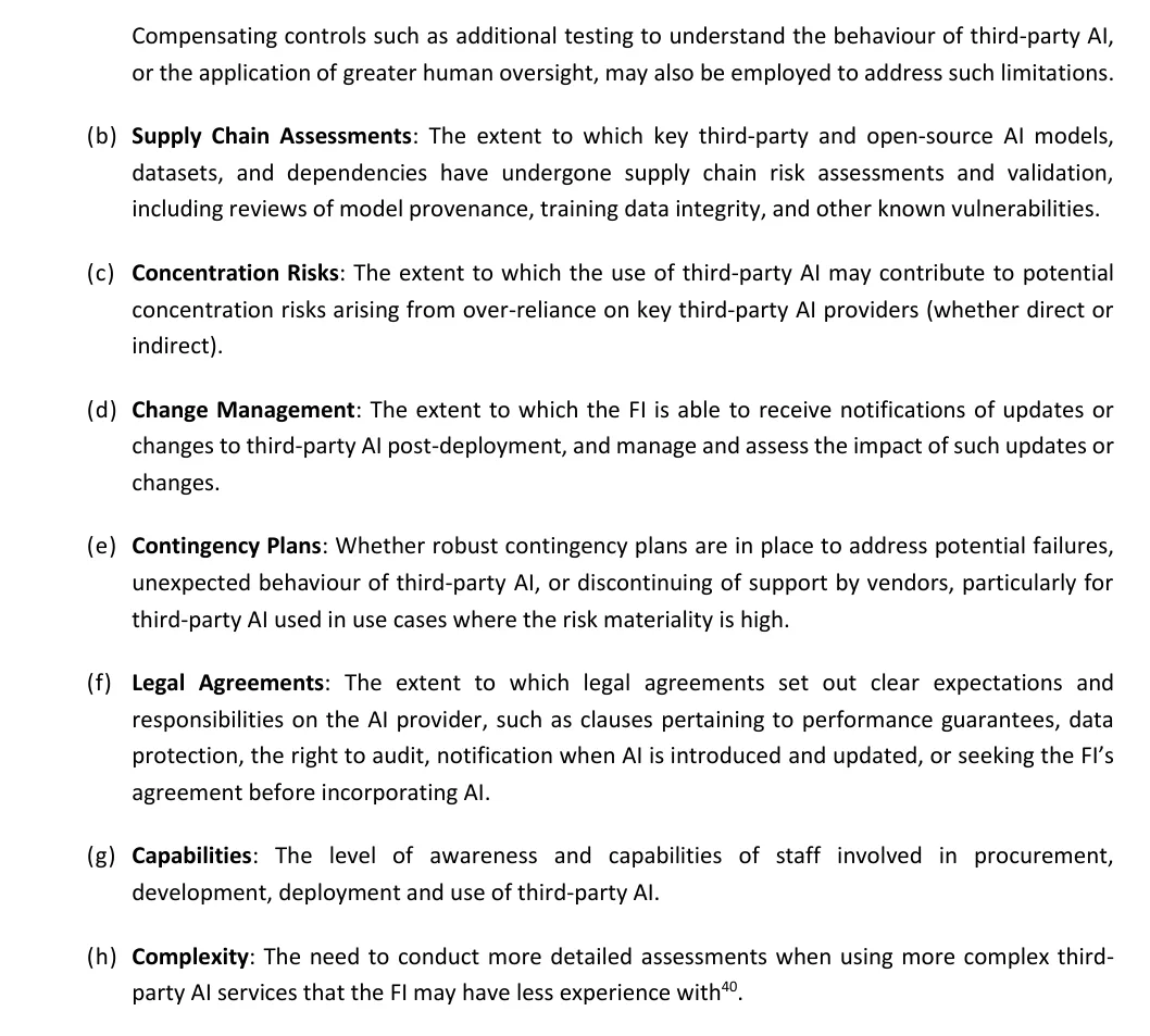 Paragraph 5.11(b) to (h) of the MAS Guidelines listing supply chain, concentration, change management, contingency, legal agreements, capabilities and complexity