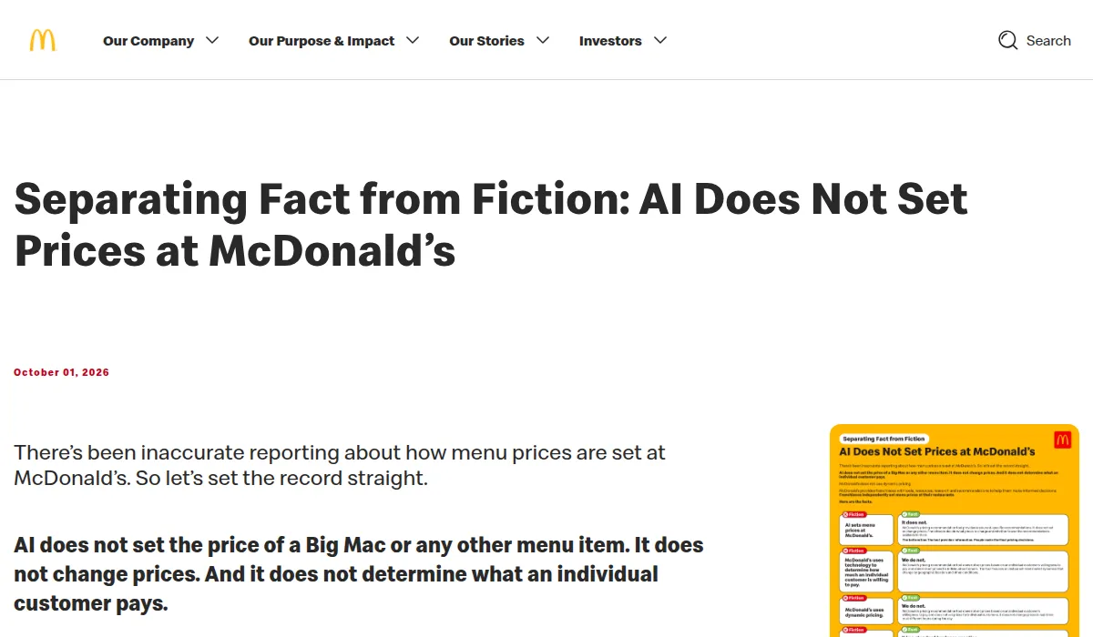 McDonald's corporate page titled Separating Fact from Fiction: AI Does Not Set Prices at McDonald's, dated October 1, 2026