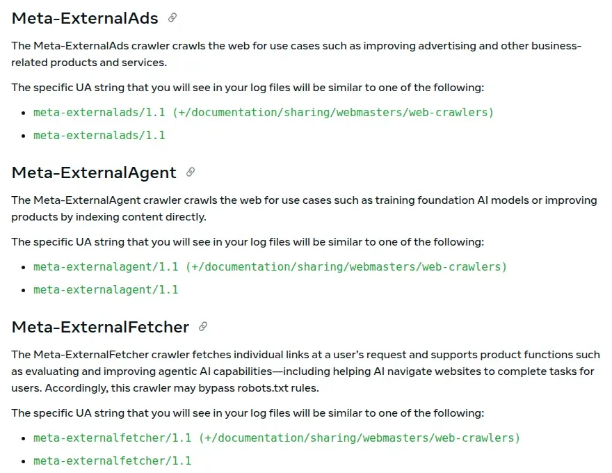 Meta's web crawler documentation listing the Meta-ExternalAds, Meta-ExternalAgent and Meta-ExternalFetcher user agents and what each crawls for