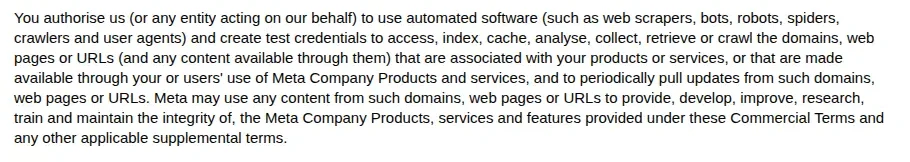 Meta Commercial Terms preview, English (UK) edition, still saying Meta may use crawled website content to train Meta Company Products, captured October 19, 2026