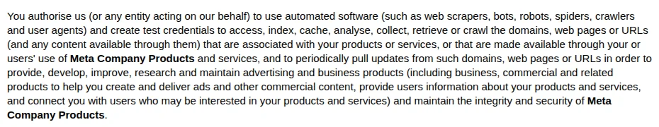 Meta Commercial Terms preview, English (UK) edition, limiting crawled website content to advertising and business products, captured October 22, 2026