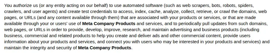 Meta Commercial Terms preview, English (US) edition, limiting crawled content to advertising and business products, captured October 19, 2026