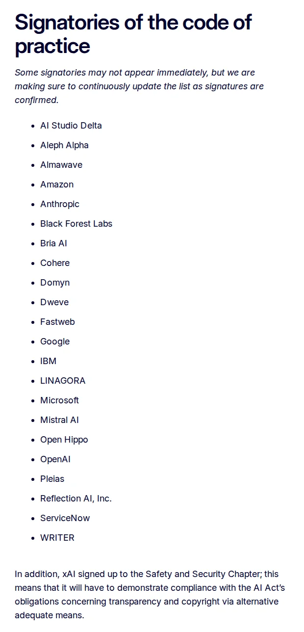 Screenshot of the European Commission page listing the 22 signatories of the General-Purpose AI Code of Practice and noting that xAI signed only the Safety and Security chapter