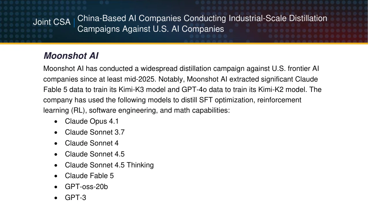 The Moonshot AI section of the September 2026 NSA, CISA and FBI joint advisory on China-based AI companies' distillation campaigns, listing the US models it says Moonshot distilled
