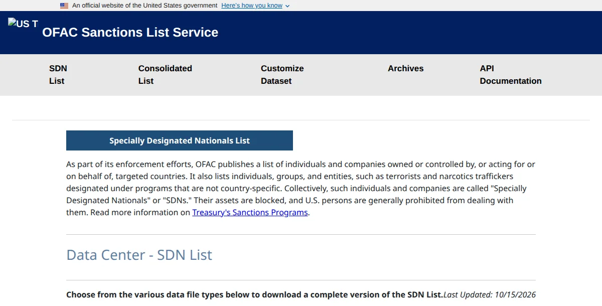 OFAC Sanctions List Service page for the Specially Designated Nationals list, last updated October 15, 2026, explaining that SDNs' assets are blocked and US persons are generally prohibited from dealing with them