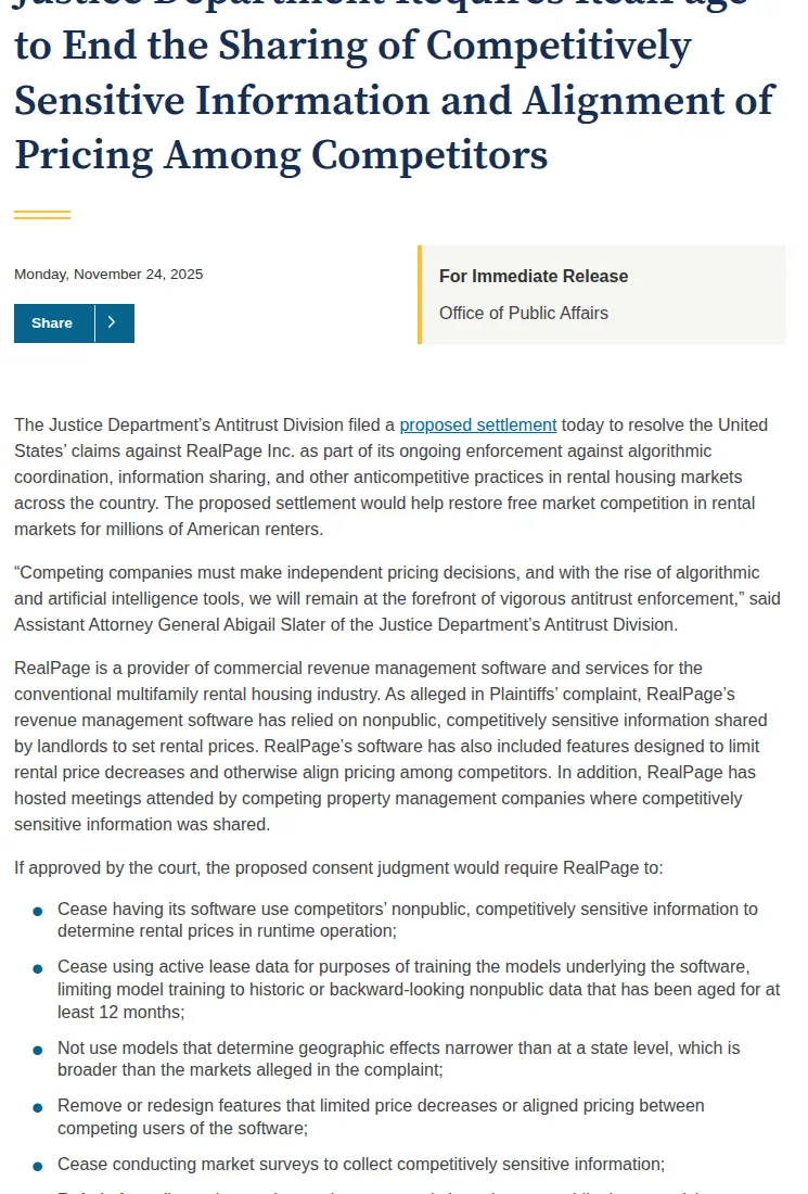 Screenshot of the DOJ's November 24, 2025 press release listing the terms of the proposed RealPage consent judgment, including the ban on competitors' nonpublic data in runtime pricing and the 12-month aging rule for training data