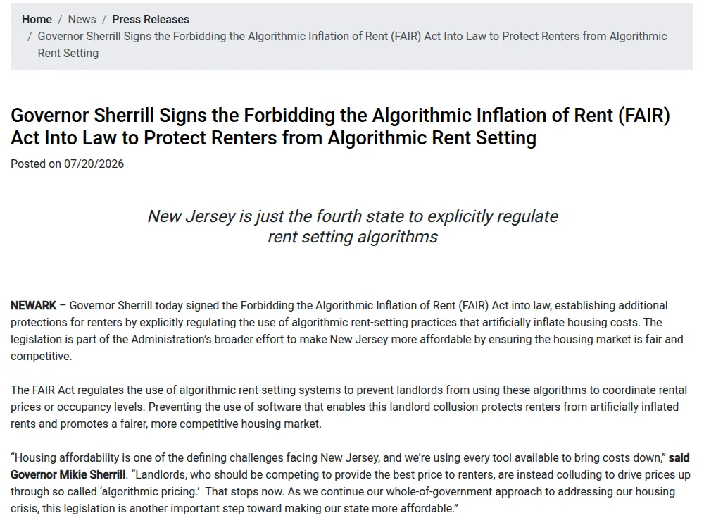 Screenshot of the New Jersey Governor's July 20, 2026 press release announcing that Governor Sherrill signed the FAIR Act, with the line that New Jersey is the fourth state to regulate rent-setting algorithms