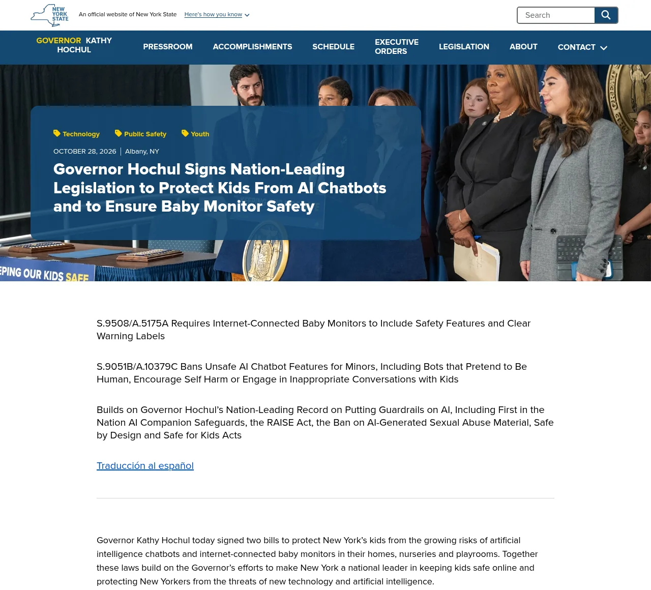 Governor Hochul's October 28, 2026 release: S.9051B/A.10379C bans unsafe AI chatbot features for minors, including bots that pretend to be human or encourage self-harm