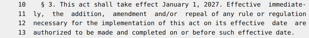 Section 3 of A.10379-C: the act takes effect January 1, 2027, and rules needed to implement it may be made before then