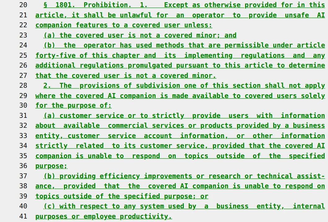 Section 1801 of A.10379-C: the prohibition, and the exemptions for customer service and for efficiency or technical assistance, each provided the covered AI companion is unable to respond on topics outside the specified purpose, plus internal business use