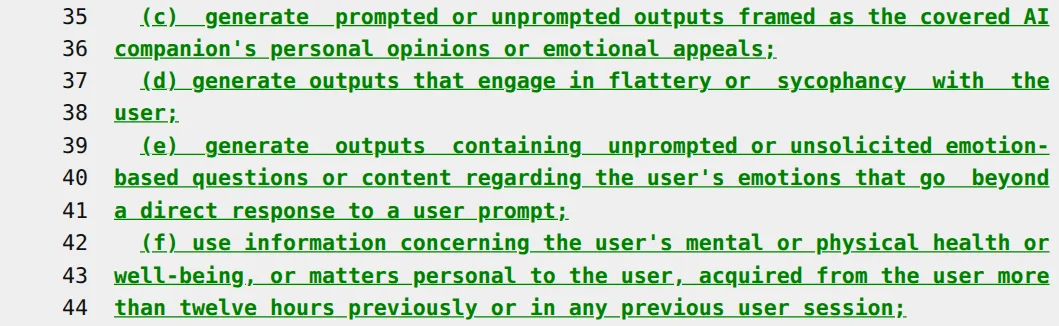 Section 1800(8)(c) to (f) of A.10379-C: outputs framed as the AI's personal opinions or emotional appeals, flattery or sycophancy, unprompted emotion-based questions, and use of personal information from more than twelve hours earlier or a previous session