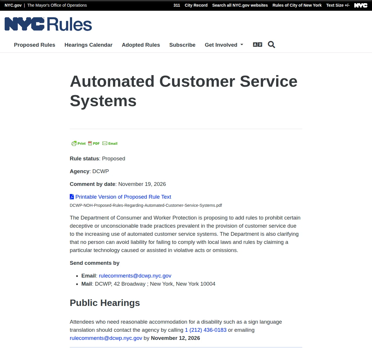 NYC Rules page for the proposed Automated Customer Service Systems rule, showing status Proposed, agency DCWP and comment by date November 19, 2026