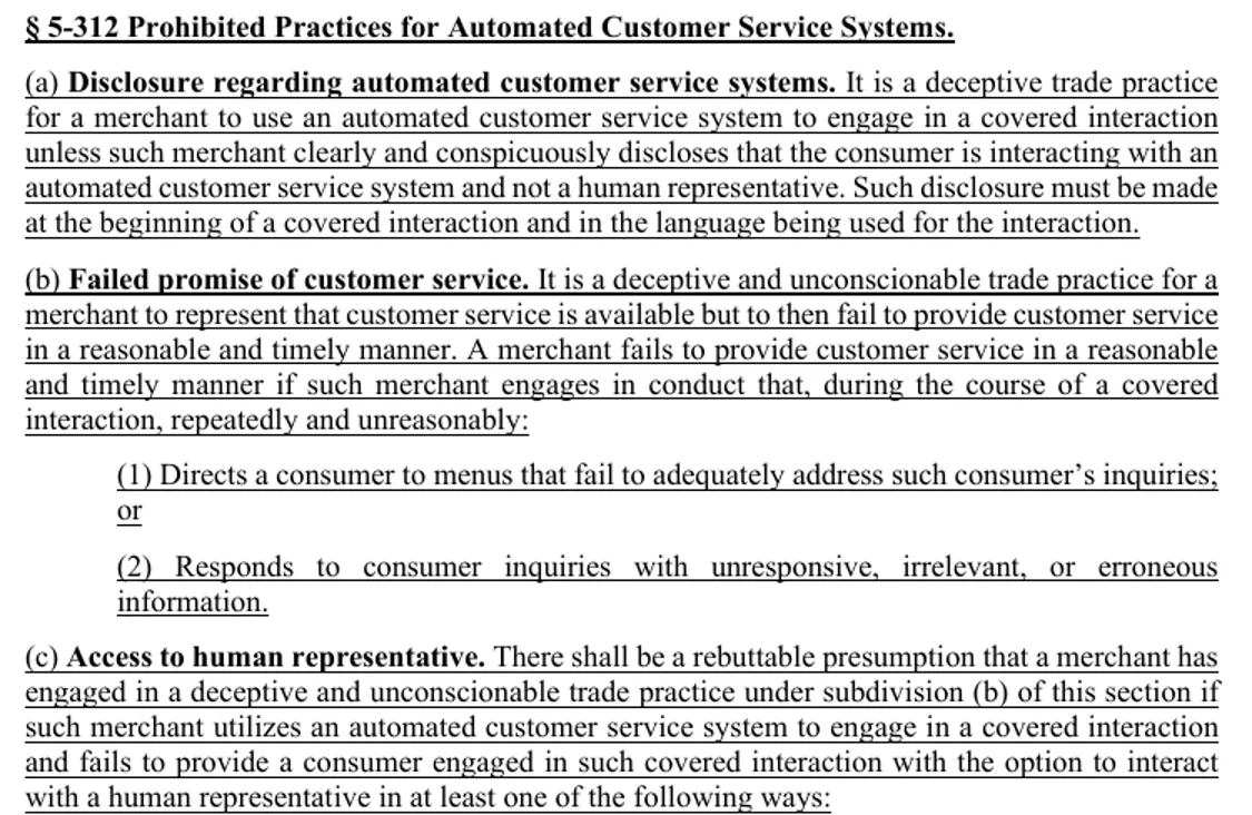 Proposed 6 RCNY section 5-312 subdivisions (a) to (c): disclosure at the start of the interaction, failed promise of customer service, and access to a human representative