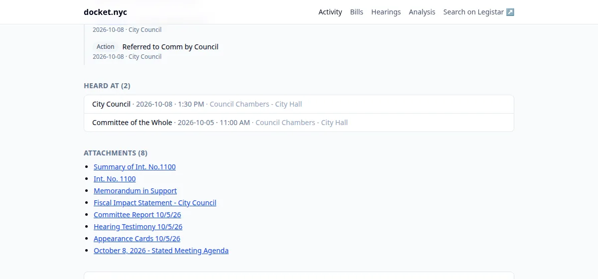 Legistar record for Int. 1100-2026 as shown on docket.nyc: heard by the Committee of the Whole on October 5, 2026, introduced and referred on October 8, with the bill text, committee report and hearing testimony attached
