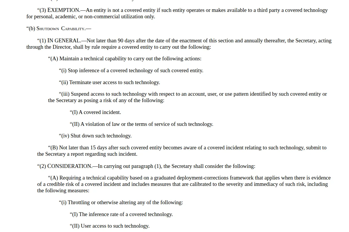 Text of H.R. 9917, the AI Kill Switch Act, requiring a covered entity to report a covered incident to the Secretary within 15 days