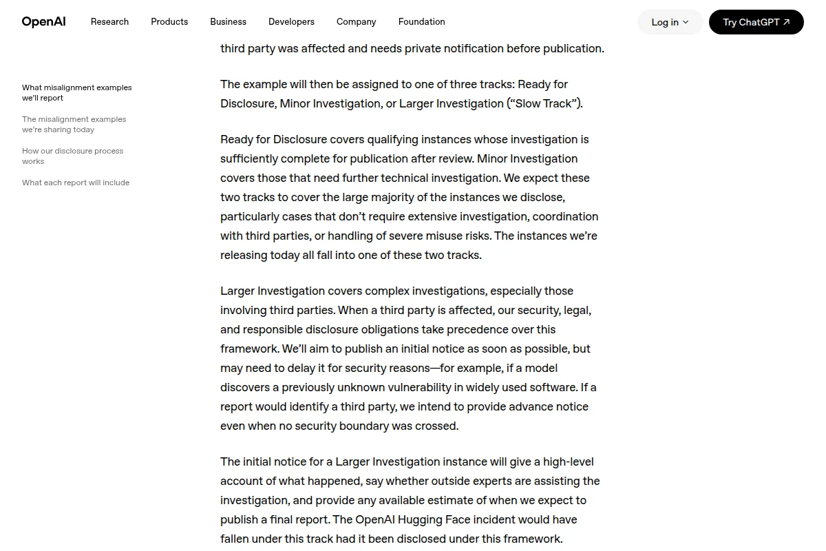 OpenAI misalignment reporting framework page describing the Larger Investigation track and noting the Hugging Face incident would have fallen under it