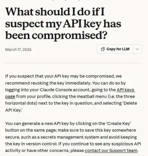 Anthropic help article on what to do if you suspect your API key has been compromised, recommending revoking the key immediately