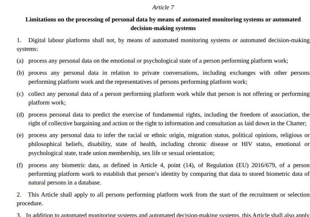 Article 7 of Directive (EU) 2024/2831, Limitations on the processing of personal data by means of automated monitoring systems or automated decision-making systems, points (a) to (f)