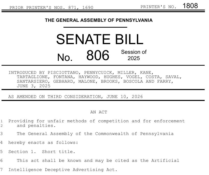 Screenshot of the title page of Pennsylvania Senate Bill 806, Printer's Number 1808, Session of 2025, introduced by Pisciottano and others on June 3, 2025 and amended on third consideration June 10, 2026