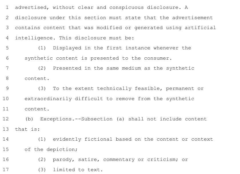 Screenshot of Section 4 of Pennsylvania SB 806, PN 1808, showing the required disclosure wording, the three placement rules and the exceptions for fictional, parody and text-only content