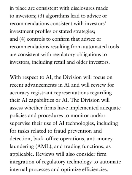 The AI paragraph in the SEC's FY2026 examination priorities, promising to review registrant representations about their AI capabilities and listing a four-part test for automated tools