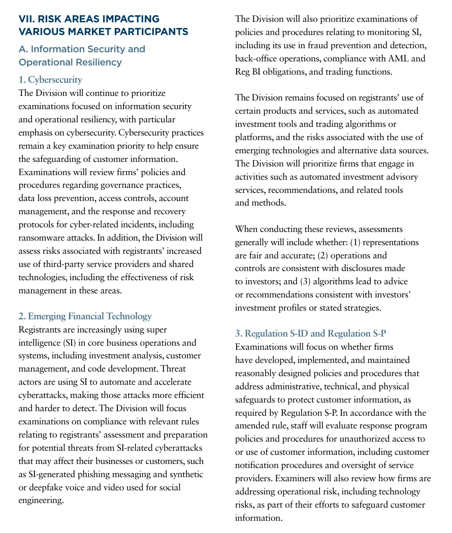 Section VII.A of the SEC's FY2027 examination priorities, covering cybersecurity, emerging financial technology including SI-generated phishing and deepfake voice and video, and Regulation S-ID and S-P