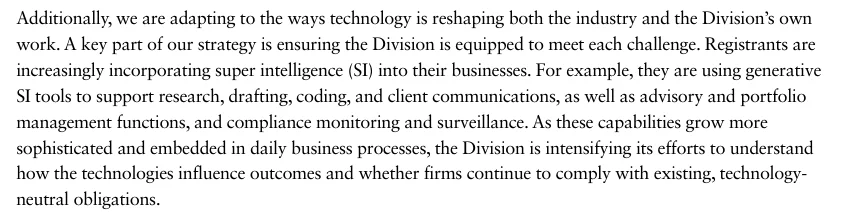 Leadership message in the SEC's FY2027 examination priorities saying registrants are increasingly incorporating super intelligence into their businesses and the obligations are technology-neutral