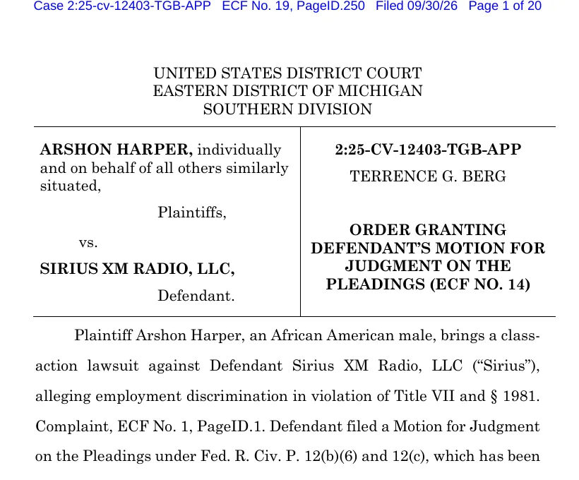 Caption page of the September 30, 2026 order in Harper v. Sirius XM Radio, LLC granting the motion for judgment on the pleadings