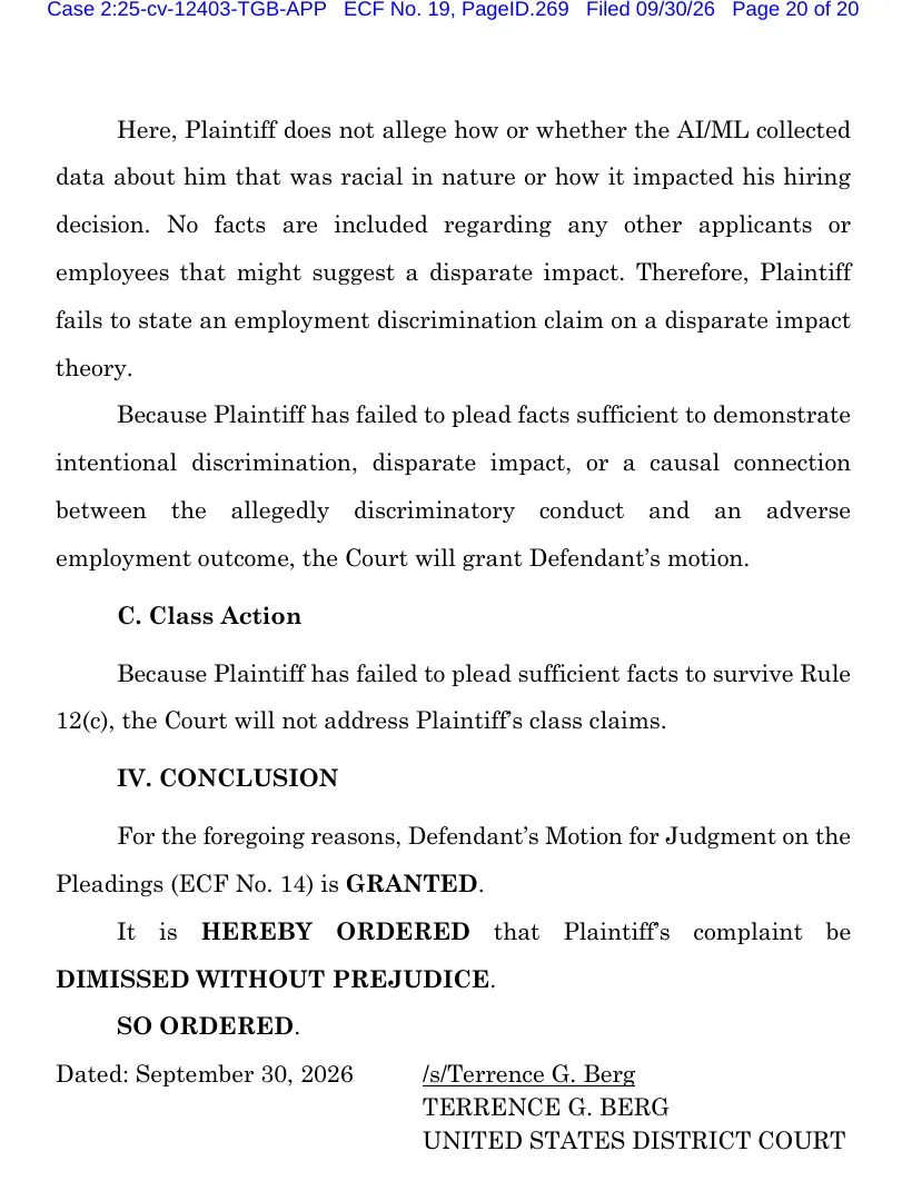 Page 20 of the Harper v. Sirius XM order declining to address class claims and dismissing the complaint without prejudice