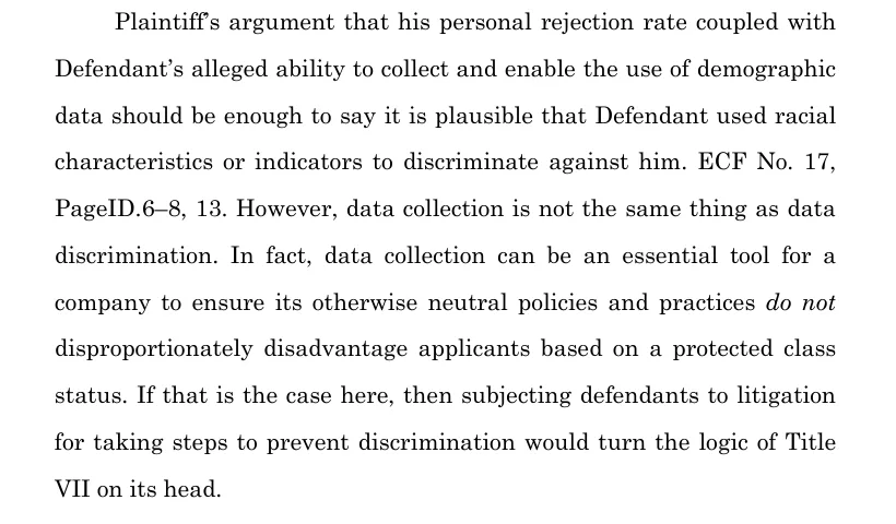 Page 19 of the Harper v. Sirius XM order stating that data collection is not the same thing as data discrimination