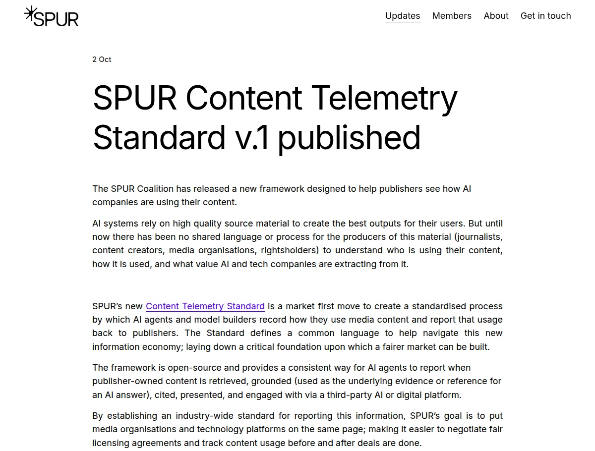 SPUR's announcement page for the Content Telemetry Standard v.1, dated 2 Oct
