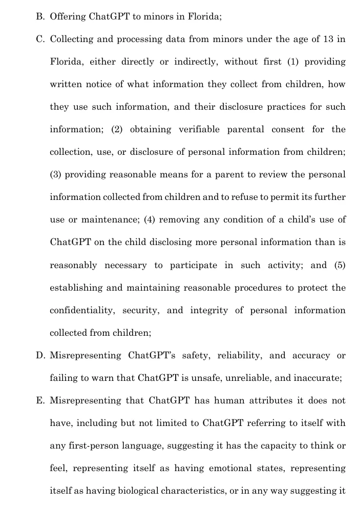 Page 37 of Florida's motion for a temporary injunction against OpenAI, listing relief items B to E: no ChatGPT for minors in Florida, COPPA-style conditions for under-13 data, no safety misrepresentations, no human attributes