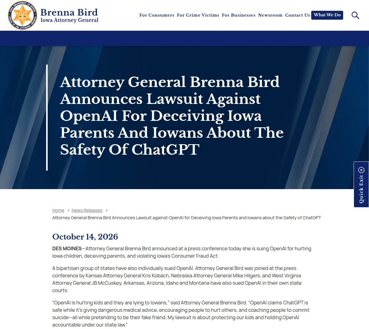 Iowa Attorney General news release of October 14, 2026 announcing a lawsuit against OpenAI and naming the other states that sued in their own courts
