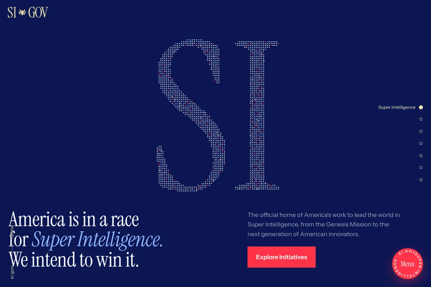 Screenshot of the SI.gov home page, reached by typing www.ai.gov on October 14, 2026, with large SI letters and the line America is in a race for Super Intelligence