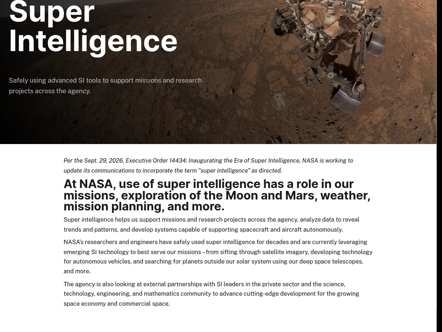 Screenshot of NASA's Super Intelligence page citing Executive Order 14434 and describing NASA's use of SI tools for missions and research
