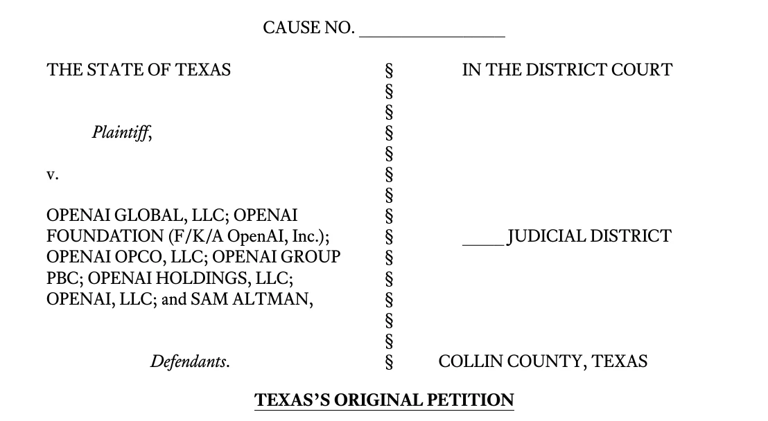 Caption page of Texas's Original Petition against OpenAI entities and Sam Altman, filed in the District Court of Collin County, Texas