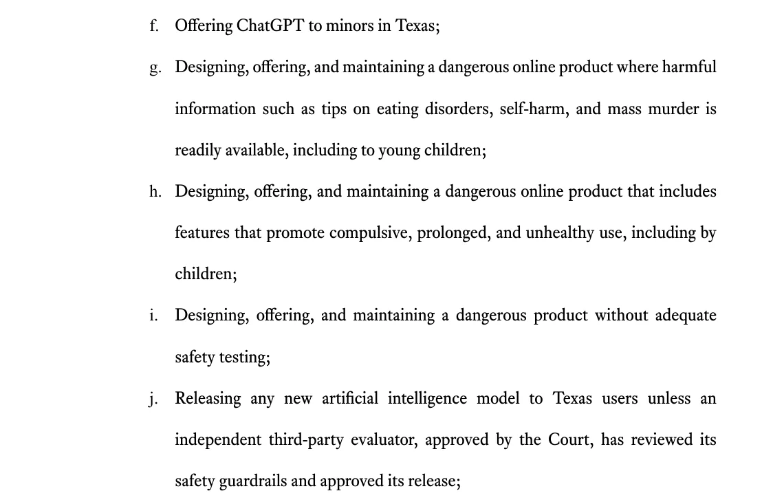 Prayer section of the Texas petition, items f through j, including offering ChatGPT to minors in Texas and releasing new models only after a court-approved independent evaluator approves