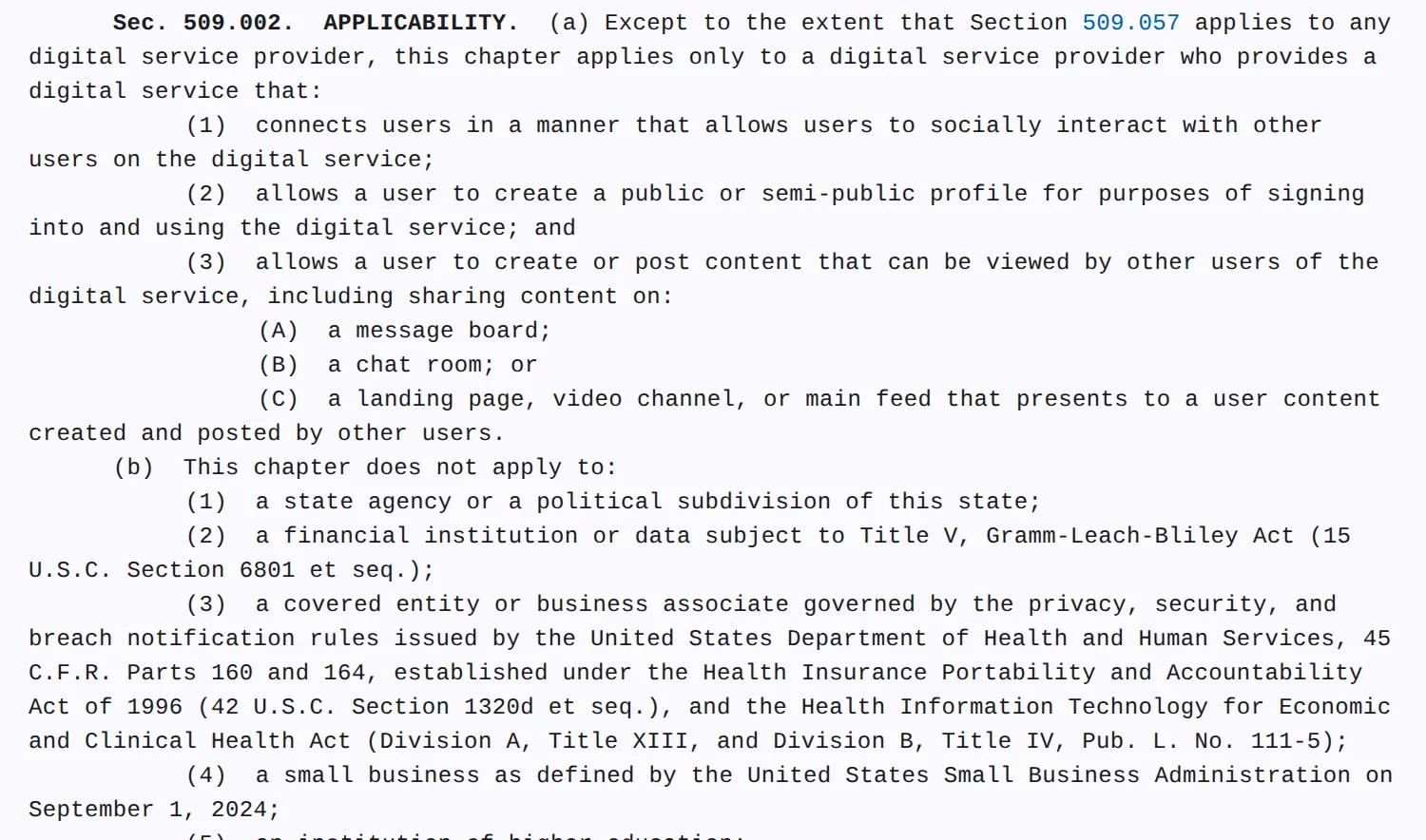 Texas Business and Commerce Code section 509.002 on the Texas Legislature statutes site, listing the three-part applicability test and the small business exemption