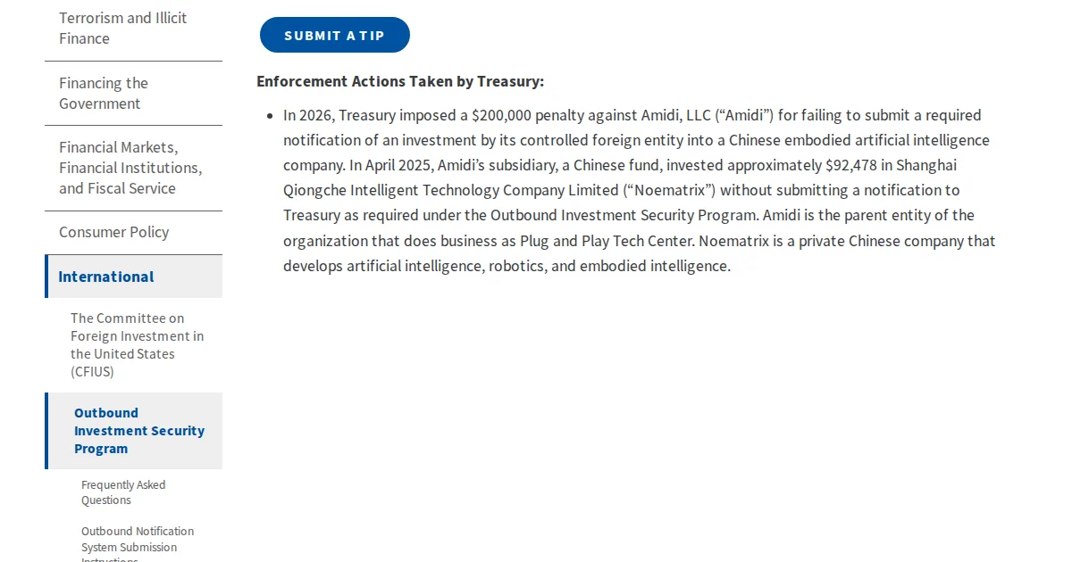 Screenshot of the Treasury Outbound Investment Security Program enforcement page listing the $200,000 penalty against Amidi, LLC under Enforcement Actions Taken by Treasury